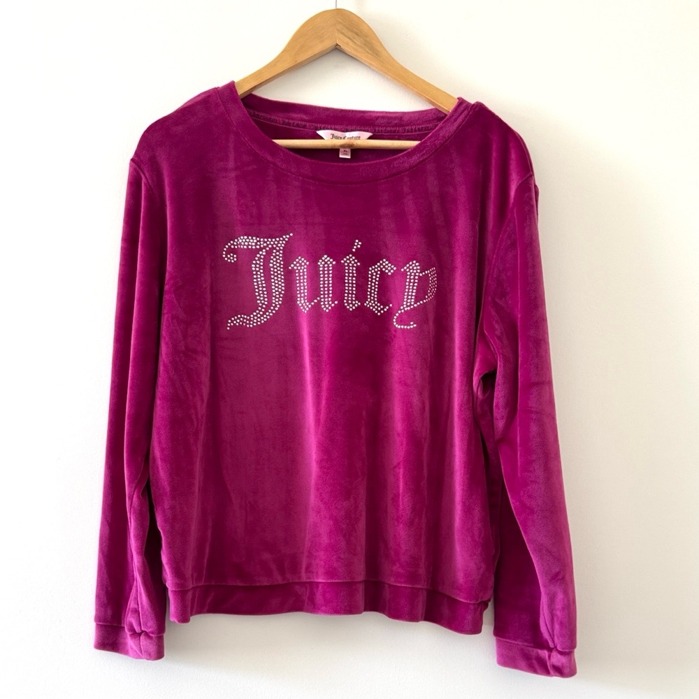 Juicy Couture Y2K Velour Sweatshirt Fuchsia Magenta Rhinestone Logo XL